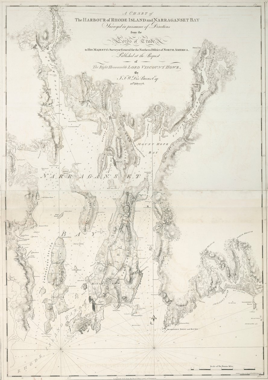 Ett sjökort över Rhode Islands hamn och Narraganset Bay av Joseph Frederick Wallet DesBarres
