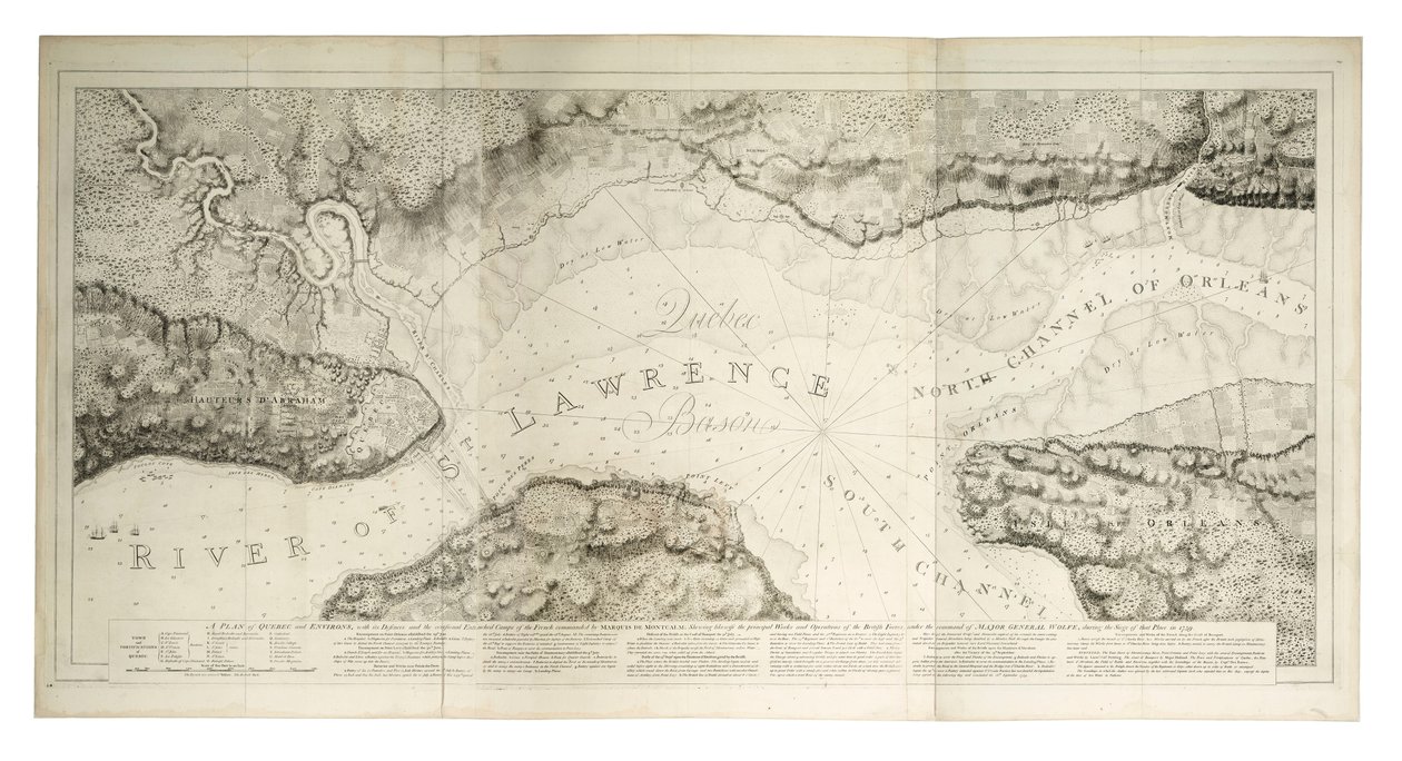 En plan över Quebec och dess omgivningar med försvarsanläggningar, ca 1781 (kolorerad gravyr) av Joseph Frederick Wallet DesBarres