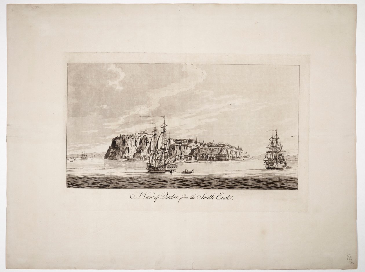 En vy över Quebec från sydost, ca 1781 (kolorerad gravyr) av Joseph Frederick Wallet DesBarres