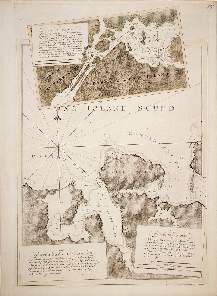 Karta över Oyster Bay och Huntington Bay, Long Island Sound av Joseph Frederick Wallet DesBarres