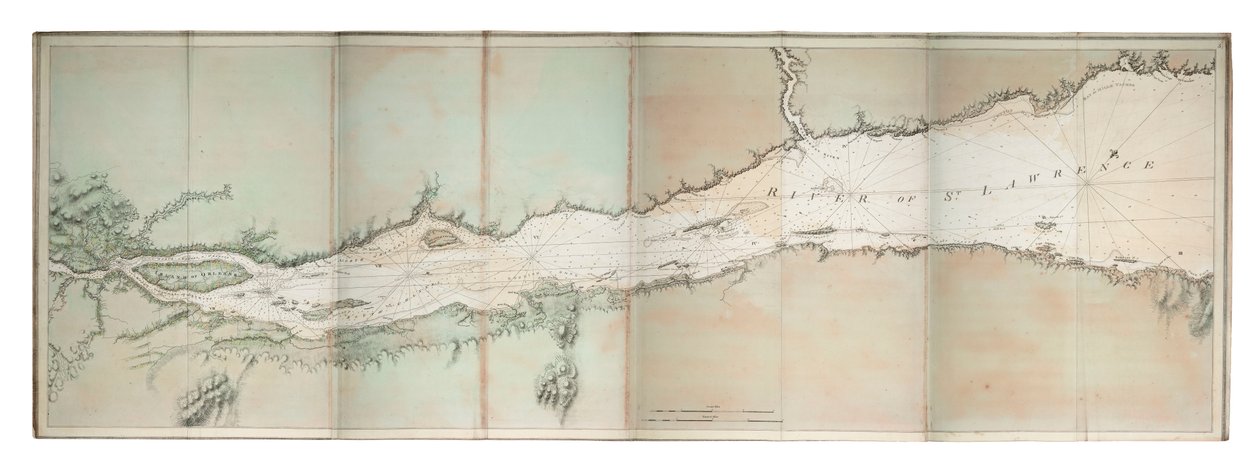 Karta över St Lawrencefloden, Nordamerikas Atlantkust, ca 1781 (kolorerad gravyr) av Joseph Frederick Wallet DesBarres