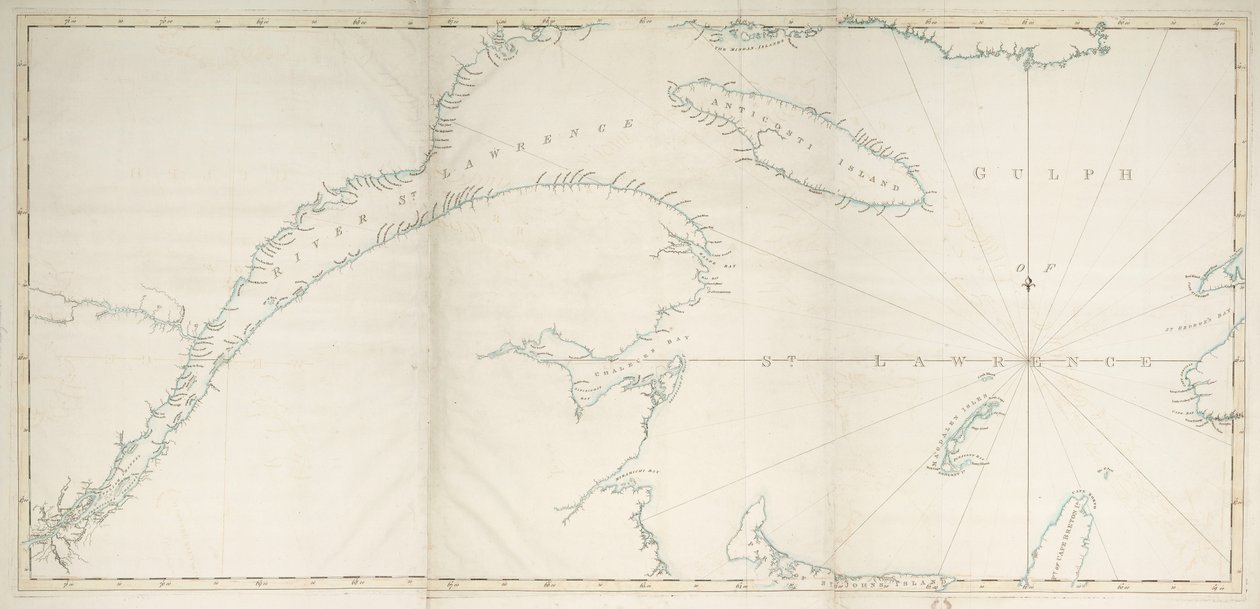 Karta över St Lawrencebukten och -floden, ca 1778 (tryck) av Joseph Frederick Wallet DesBarres