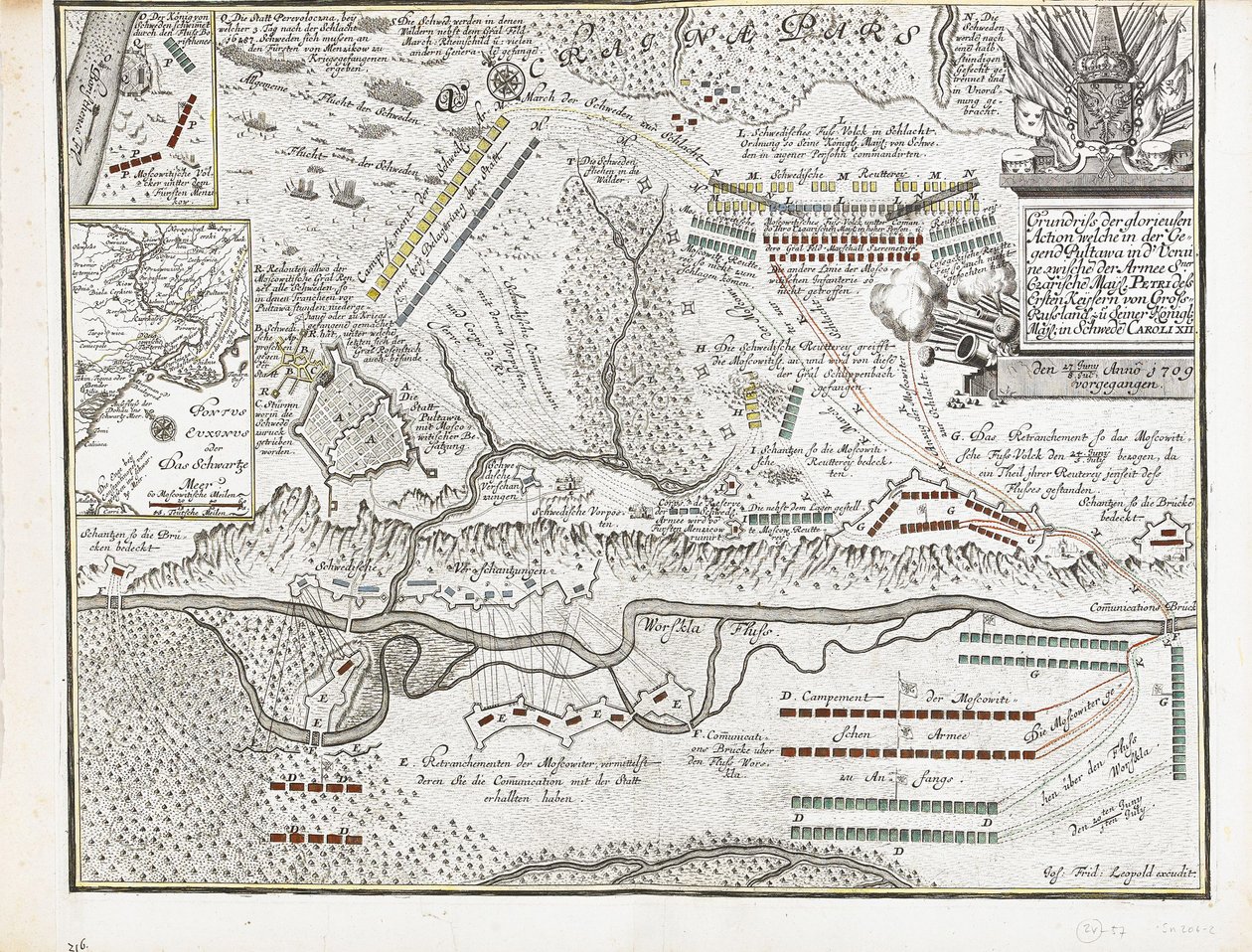 Karta över slaget vid Poltava den 27 juni 1709 av Joseph Friedrich Leopold