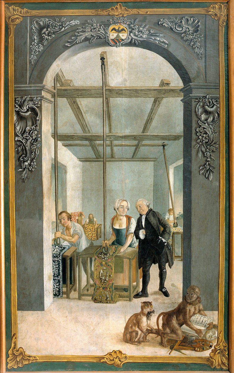 Wetter Brothers Indian Fabric Factory: Arbetare som passerar genom gallret på tryckta dukar Målning av Joseph Gabriel Rossetti (1700-talet). 1764 Orange, Musee Municipal av Joseph Gabriel Rossetti