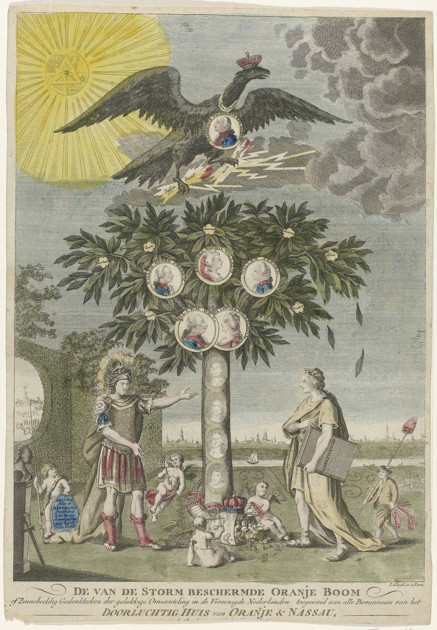 Allegori om stadhållaren William Vs återvinning (kopia), 1787 Apelsinträdet eller det symboliska minnesmärket för den lyckliga revolutionen i Förenade Nederländerna, skyddat från stormen, tillägnat alla älskare av Serene House of Orange & N av Joseph Gleich