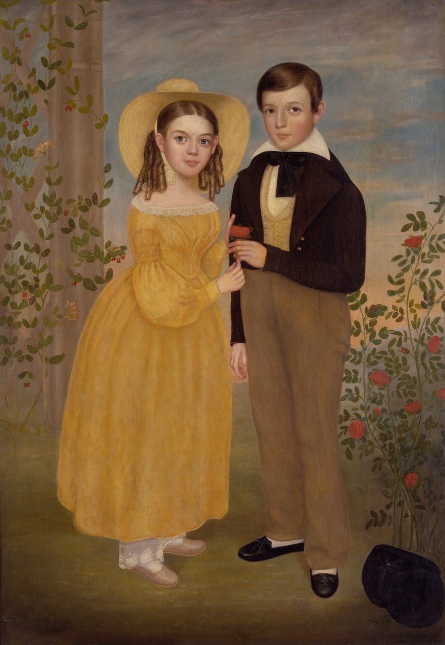 En pojke och en flicka i en trädgård (olja på duk) av Joseph Goodhue Chandler