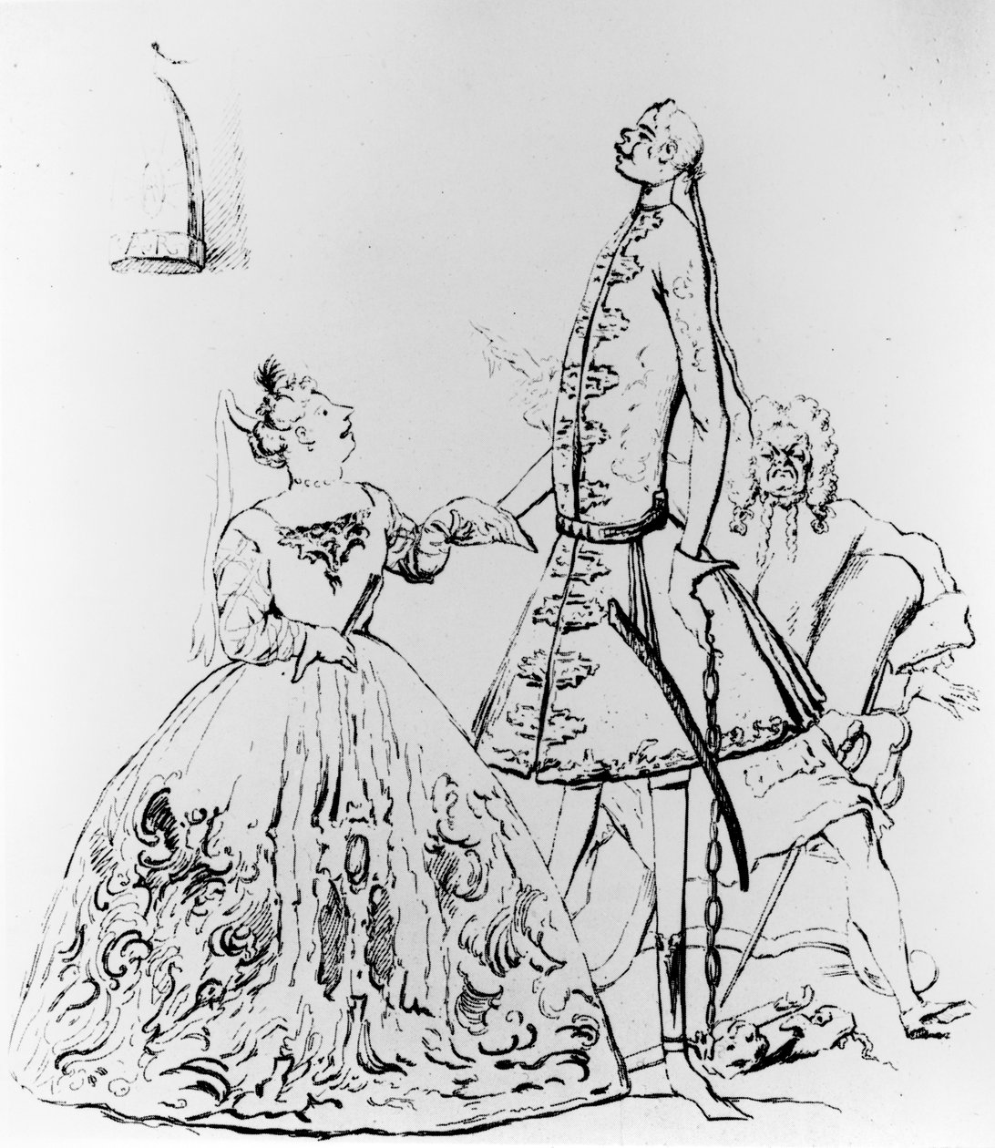 "Du tunna fågelskrämma och din sårfågel", karikatyr av Farinelli, Cuzzoni och Heidegger av Joseph Goupy