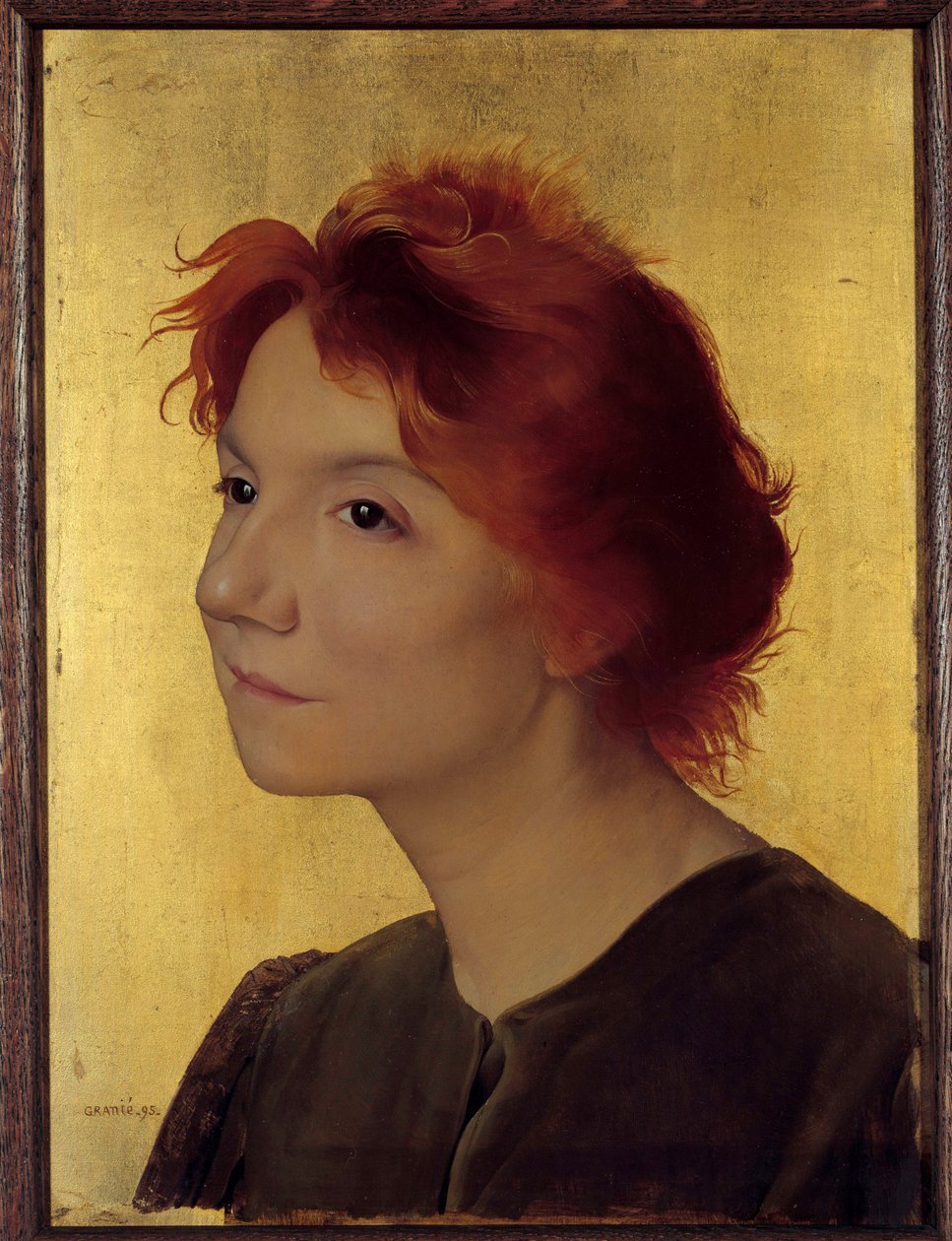 Porträtt av Yvette Guilbert (1867-1944) sångerska. Porträtt av en kvinna med rött hår på en guldbakgrund. Målning av Joseph Granie (1861-1915) 1895 sön. 0,41x0,31 m Paris, musee d