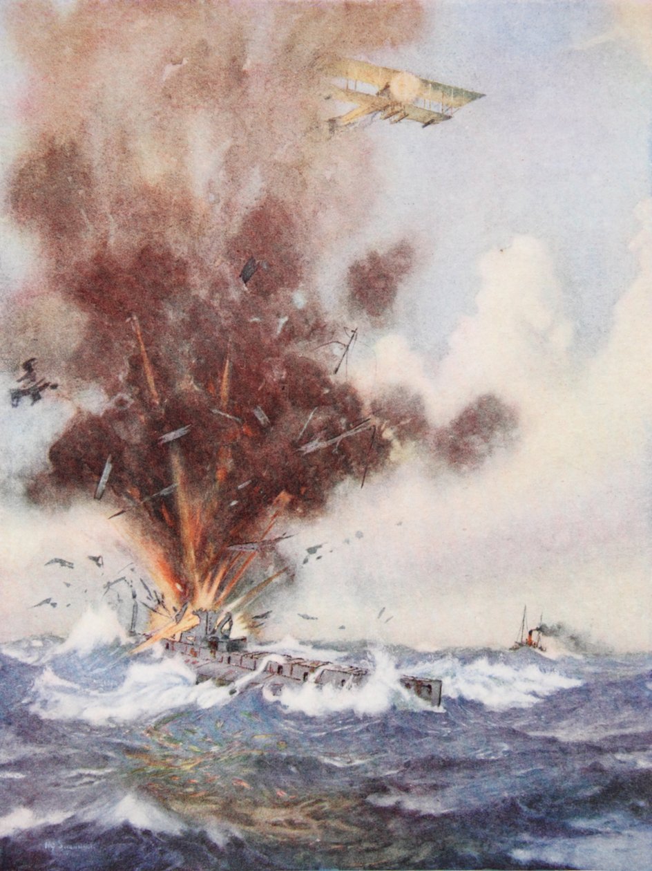Squadron-Commander A.W. Bigsworth attackerar med bomber en tysk ubåt, som fylls med vatten och sjunker utanför Oostende av Joseph Harold Swanwick