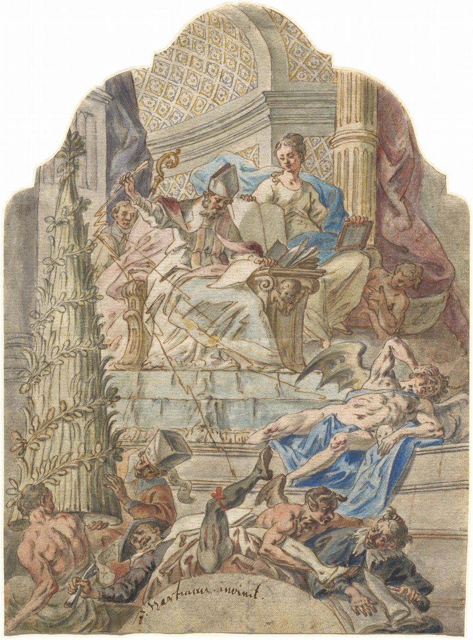 Saint Augustine dämpar kätteri med blixtar från sin penna av Joseph Hartmann