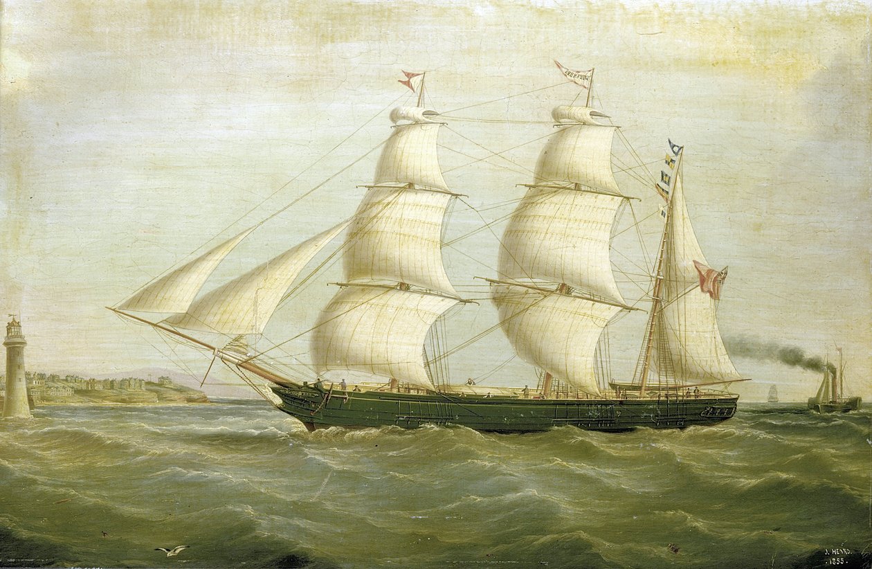 Segelbåten "Queen Bee" (byggd 1852), med en fyr på ena sidan byggd av hus. Oljemålning av Joseph Heard