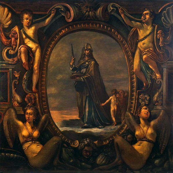 Allegorisk figur med putti i en kartusch (olja på duk) av Joseph Heintz