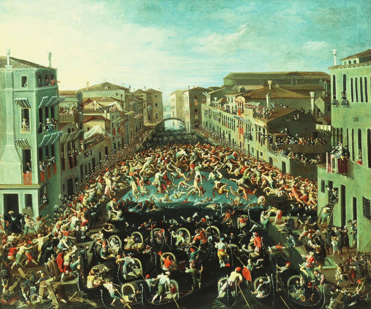 Kampen mellan Nicolotti och Castellani, på Ponte dei Pugni, Venedig, 1673 av Joseph Heintz