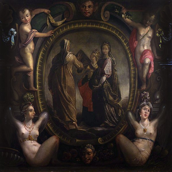 Tre allegoriska figurer i en kartusch (olja på duk) av Joseph Heintz