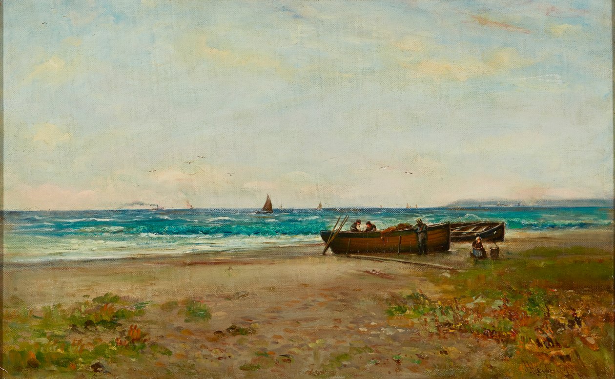 Tending the Boats, Ayrshire Coast (olja på duk) av Joseph Henderson