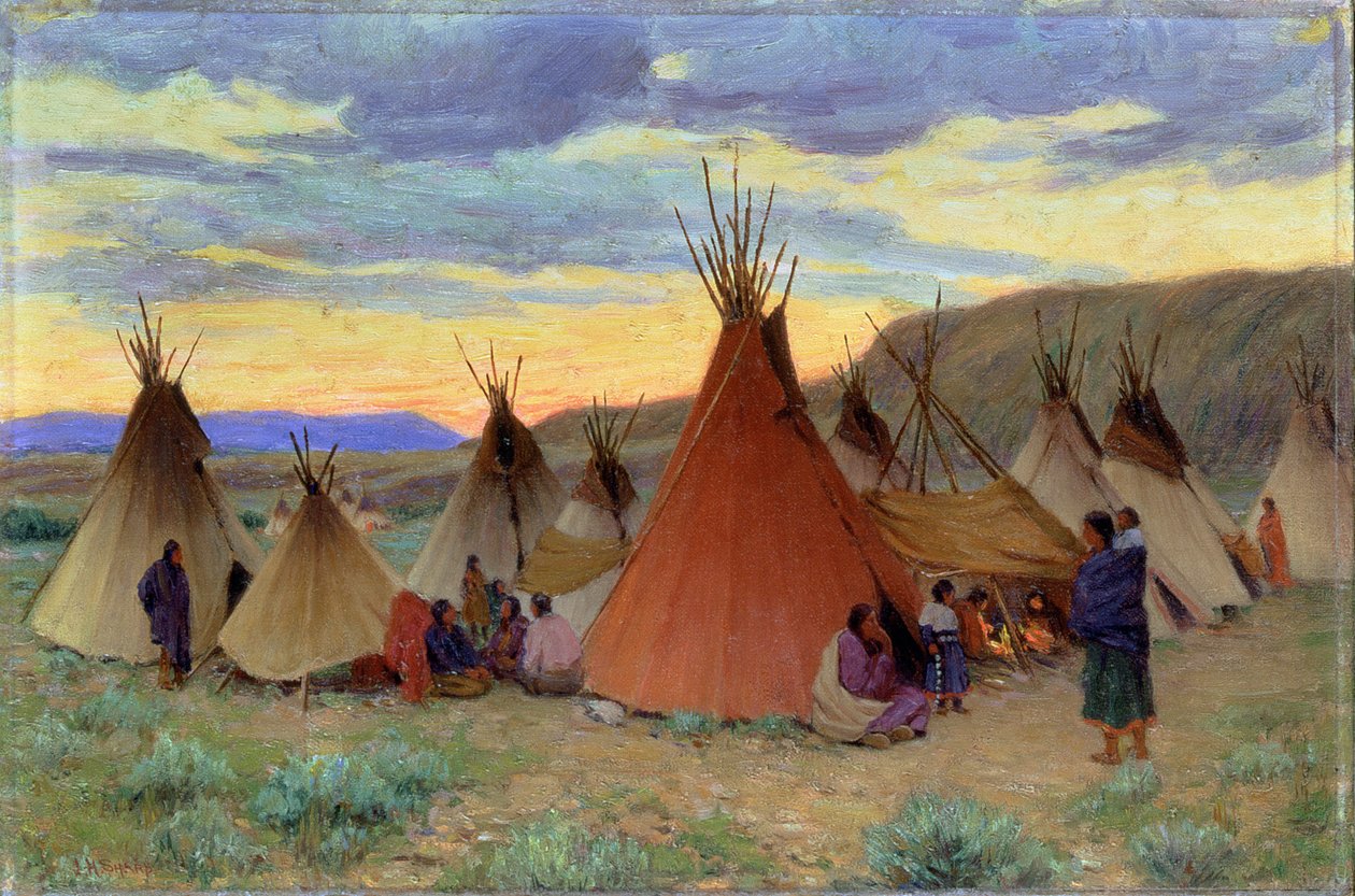 Kväll på Crow Reservation, Montana (olja på duk) av Joseph Henry Sharp