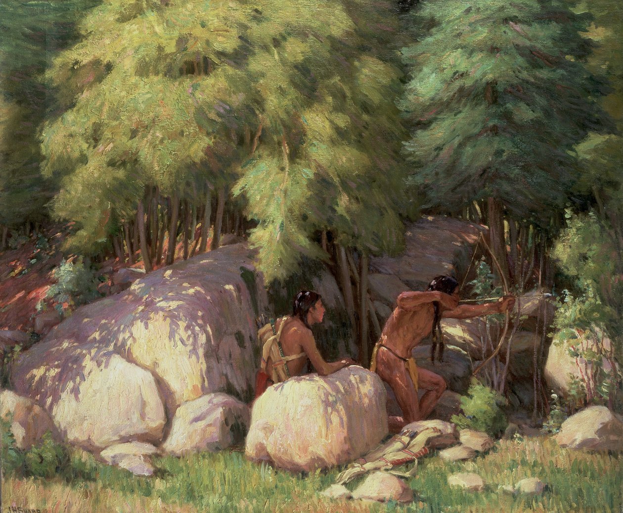 Indianer jagar hjortar (olja på duk) av Joseph Henry Sharp