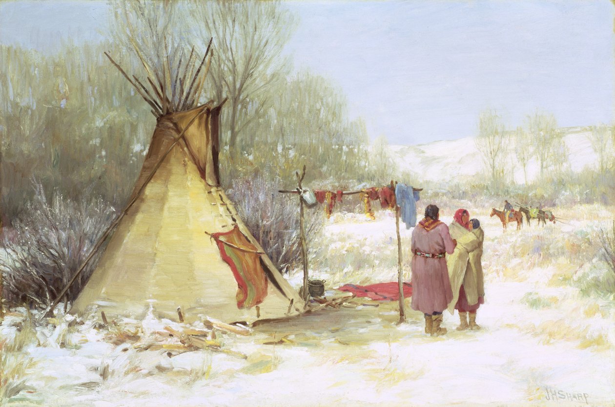 Indianer återvänder till ett vinterläger (olja på duk) av Joseph Henry Sharp