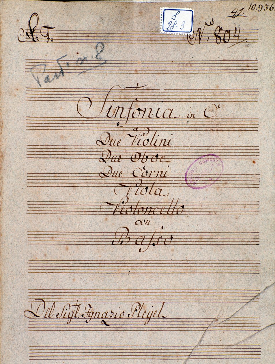 Första sidan av partitur av Symphony in C av Pleyel av Joseph Ignace Pleyel