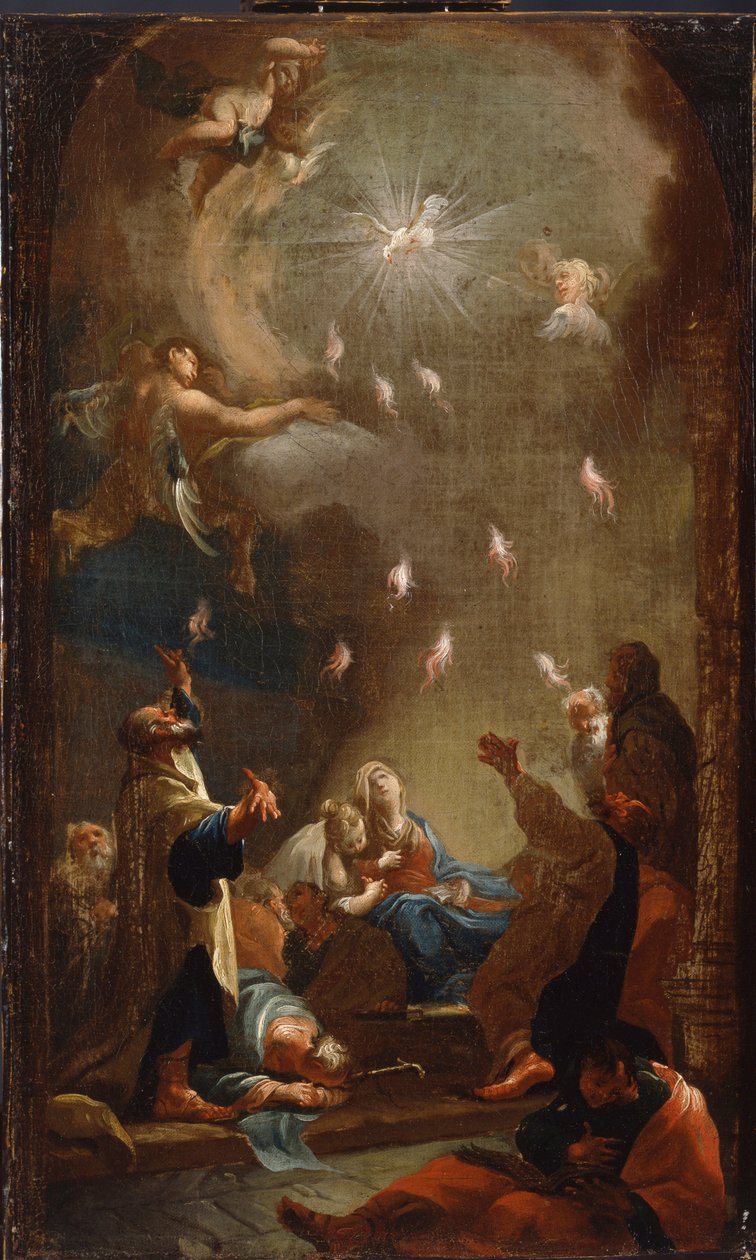 The Descent of the Holy Spirit (Pingst), Olja på duk av Joseph Ignaz Mildorfer (1719-1775), cirka 1750 - (The Descent of the Holy Spirit (Pingst), Olja på duk av J.I.Mildorfer, ca 1750) - Magyar Nemzeti Galeria (Ungern) av Joseph Ignaz Mildorfer