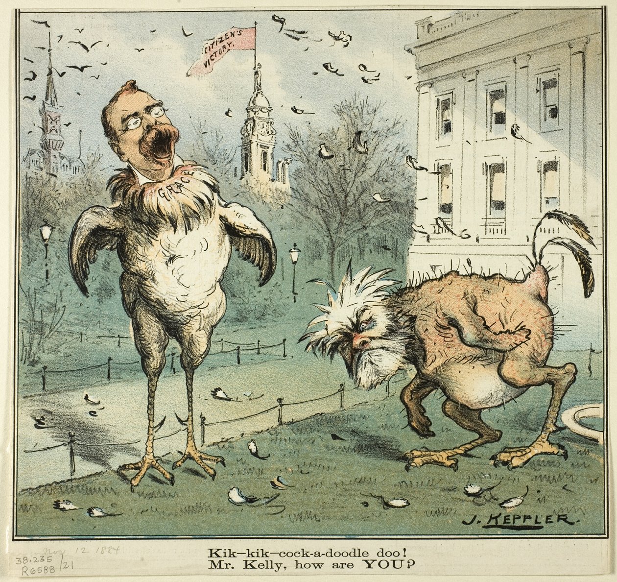 Kik-kik-cock-a-doodle doo! Mr Kelly, hur mår DU, från Puck av Joseph Keppler