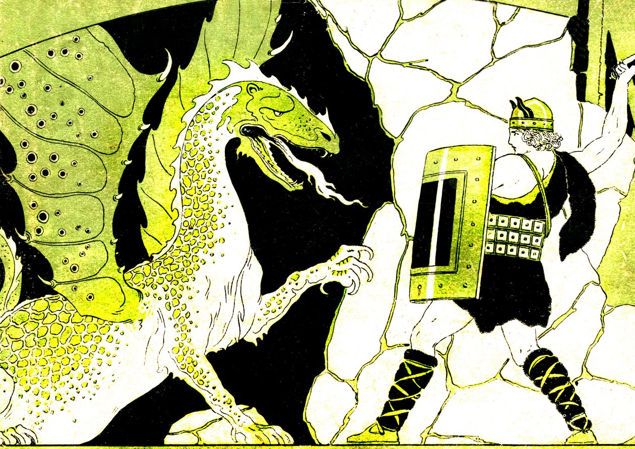 Siegfried kämpar mot draken. Legenden om Nibelungen. Illustration av Joseph Kuhn Regnier (Kuhn-Regnier) (1873-1940) för "Epopees et legendes d
