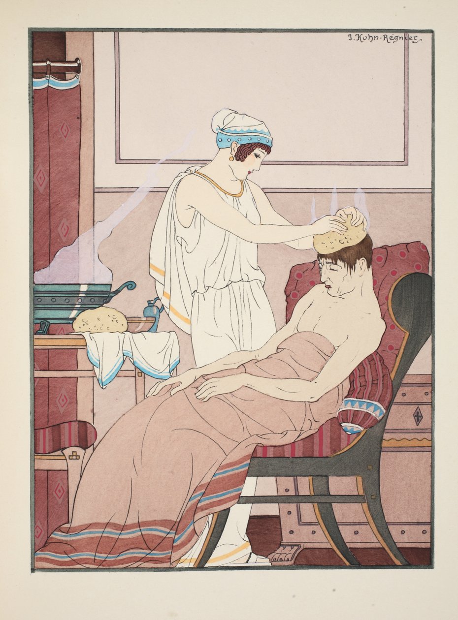En svamp indränkt i varmt vatten appliceras på huvudet, illustration från "The Works of Hippocrates", 1934. av Joseph Kuhn Regnier