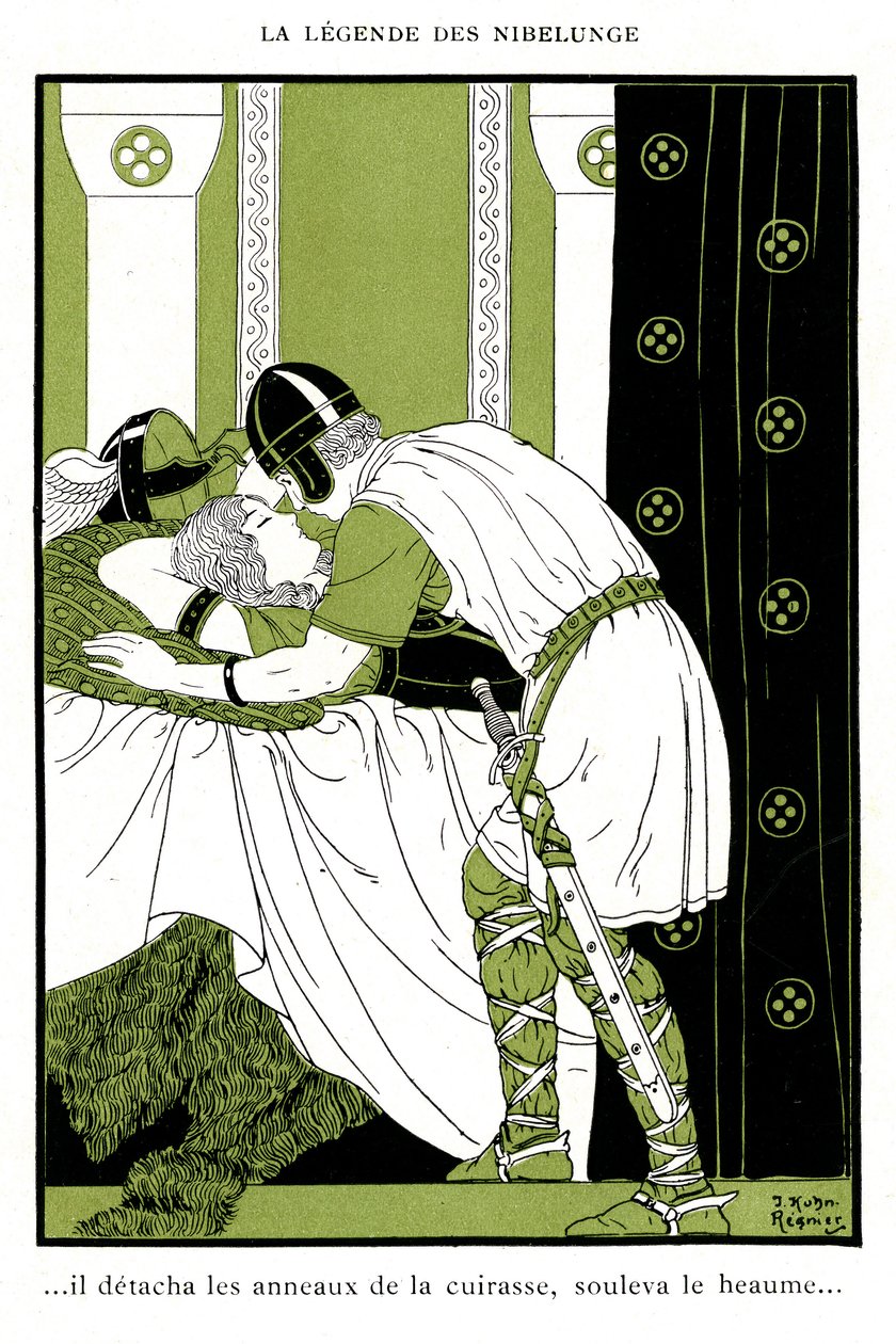 Legend of Nibelunge: Siegfried omfamnar Walkyrie Brunnhilde (kromolitografi) av Joseph Kuhn Regnier
