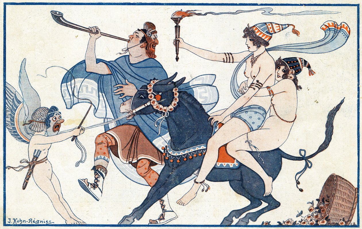 Ofog i fresker, karnevalen i Pompeji - illustration från la Vie Parisienne, 1923 av Joseph Kuhn Regnier