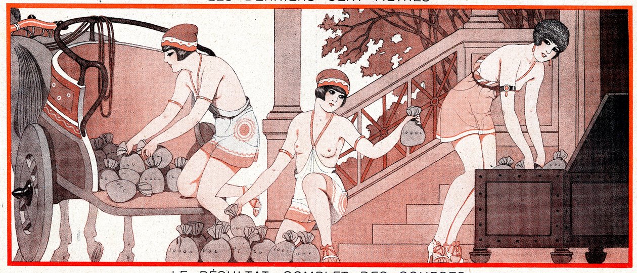 Vad var, under den olympiska perioden, Le Prix de Diane - Fullständiga tävlingsresultat - Le Result complet de races - illustration från la Vie Parisienne, 1927 av Joseph Kuhn Regnier