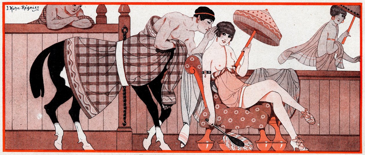 Vad var, under den olympiska perioden, Le Prix de Diane - Jockeys Tips - illustration från la Vie Parisienne, 1927 av Joseph Kuhn Regnier
