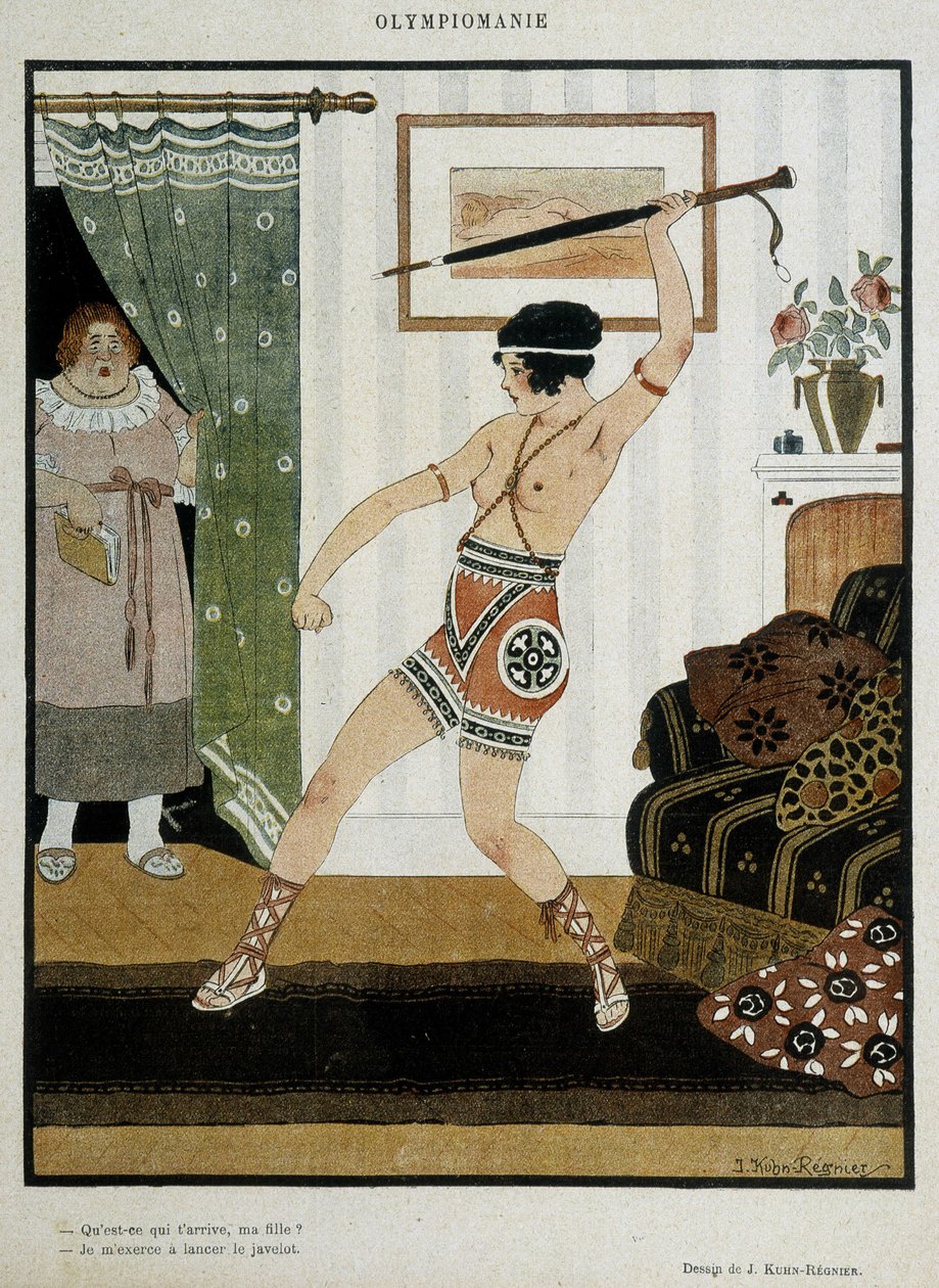 Ung flicka i antik kostym tränar att kasta spjut med ett paraply. Fantasyaffisch som illustrerar olympiadernas entusiasm. Teckning av J. Kuhn Regnier omkring 1920. av Joseph Kuhn Regnier