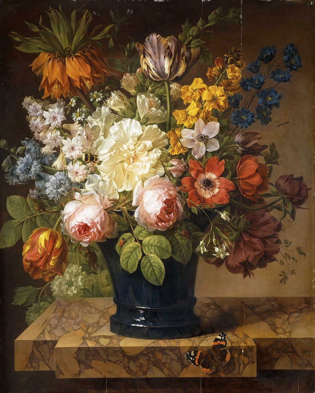 Blommor i en vas på en marmoravsats med en röd amiral, en humla, två skalbaggar och en trollslända, 1807 av Joseph Laurent Malaine