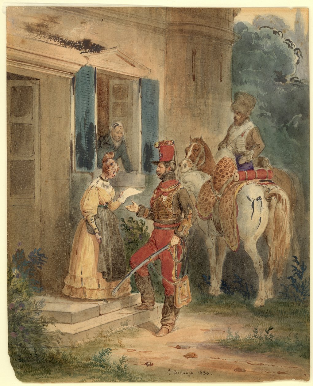 Hussars Delivering News (akvarell och bläck på papper) av Joseph Louis Hippolyte Bellange