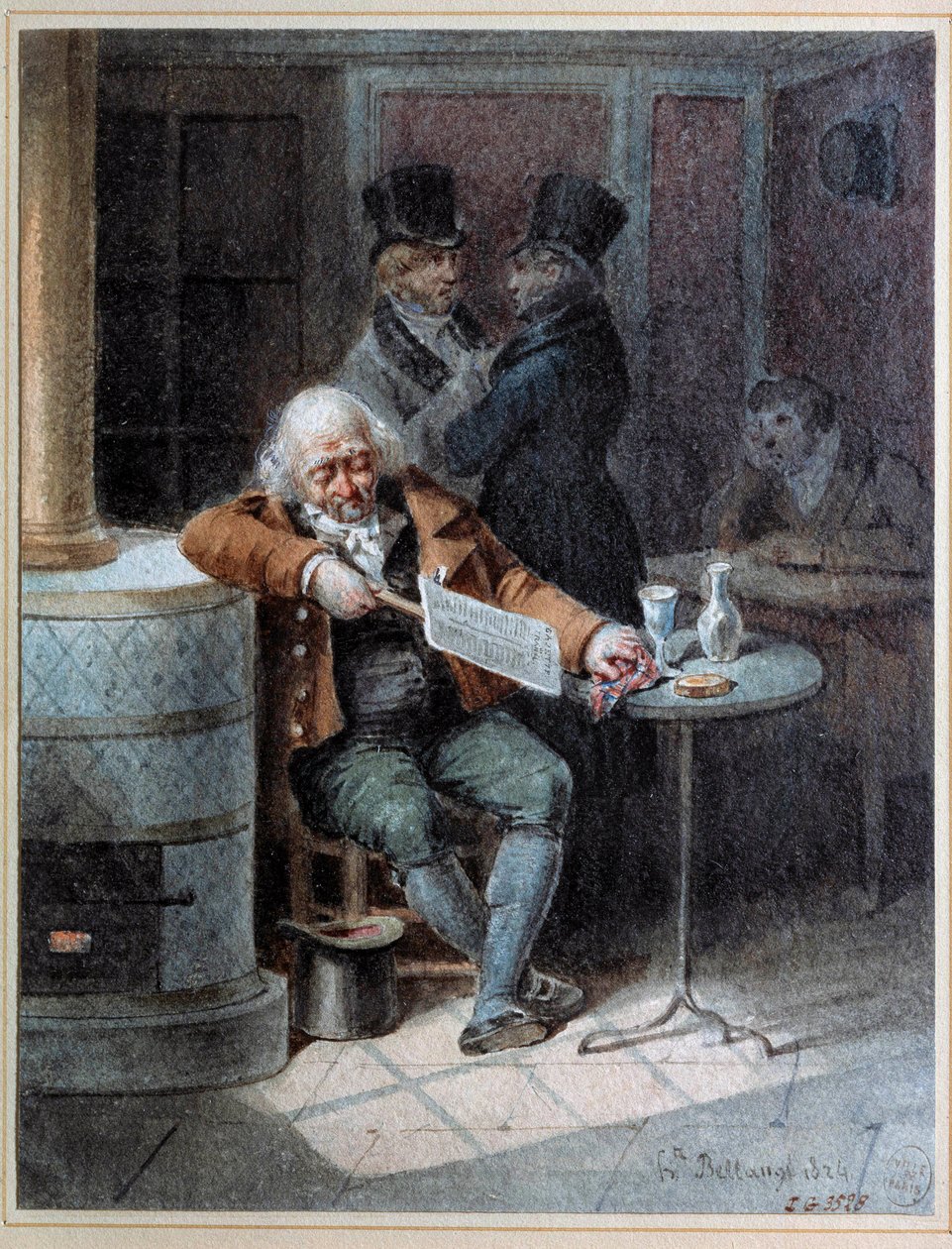 Reading of the Gazette””: gammal man sov på ett kafé och läste tidningen “The Gazette”” 1824. Litografi av Joseph Louis Hippolyte Bellange (1800-1866) 1824 Paris, Musee Carnavalet av Joseph Louis Hippolyte Bellange