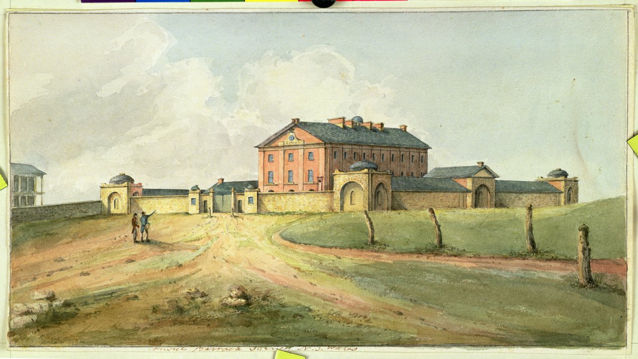 Hyde Park Barracks, Sydney, omkring 1820 av Joseph Lycett