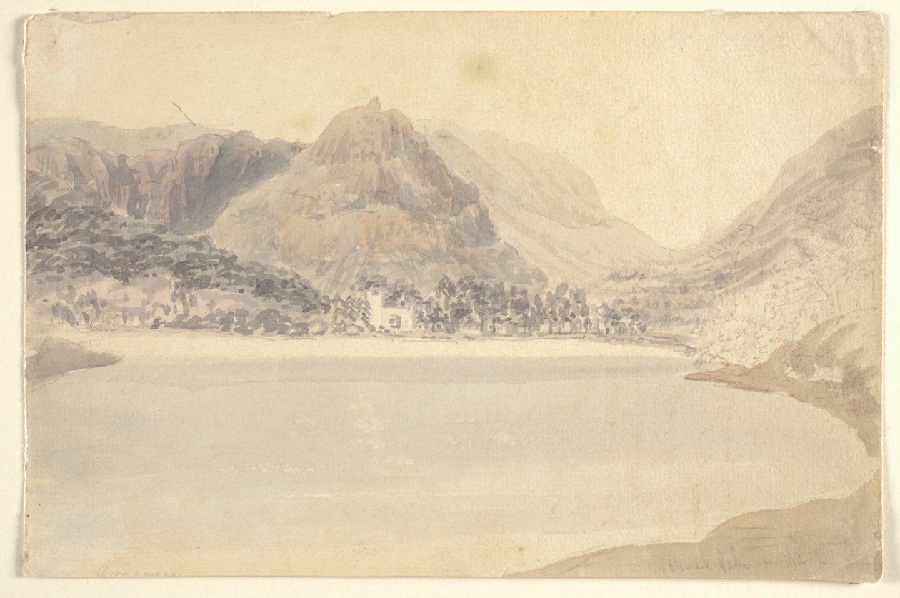 Grassmere Lake and Church (akvarell över penna på papper) av Joseph Mallord William (attr.to) Turner