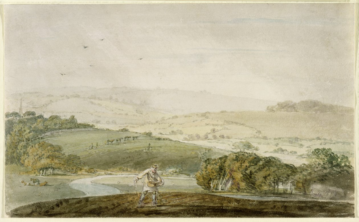 En bonde som sår, med en floddal och böljande kullar bakom, ca 1795 av Joseph Mallord William Turner