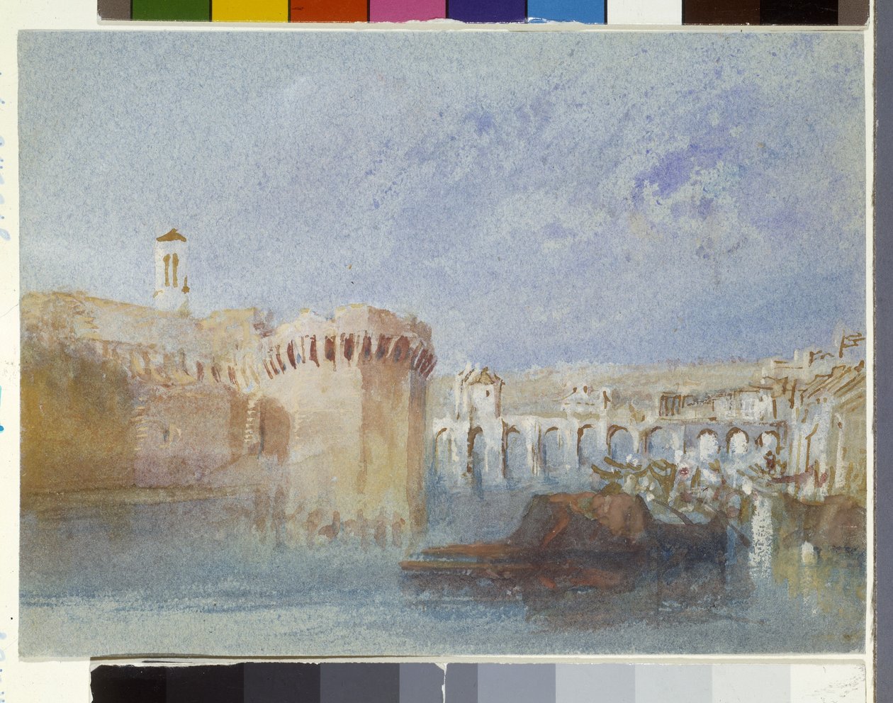 Angers: The Walls Of Doutre med The Tower Of The Church of La Trinité (akvarell och gouache på blått papper) av Joseph Mallord William Turner