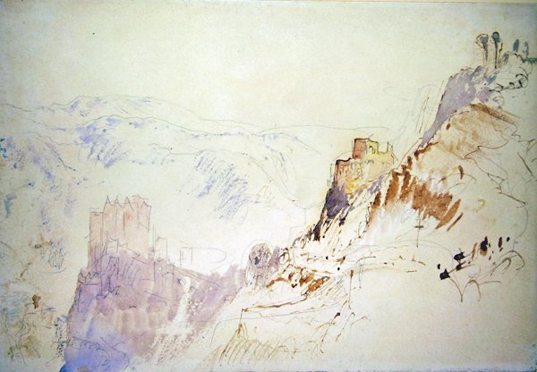 Burg Eltz från norr (penna, penna & rött bläck, akvarell och kroppsfärg på papper) av Joseph Mallord William Turner
