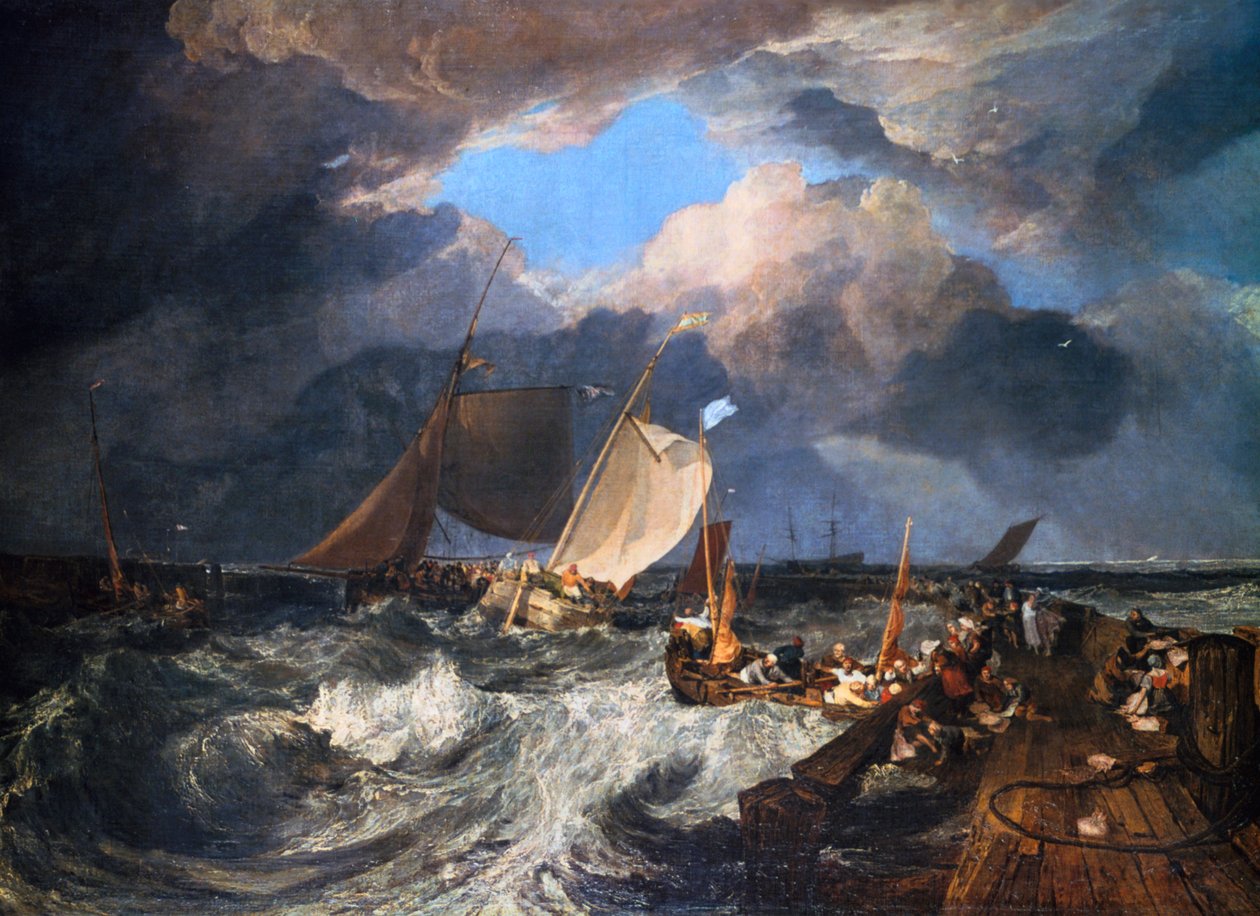 Calais Pier med franska Poissards som förbereder sig för havet: ett engelskt paket anländer, 1803 av Joseph Mallord William Turner