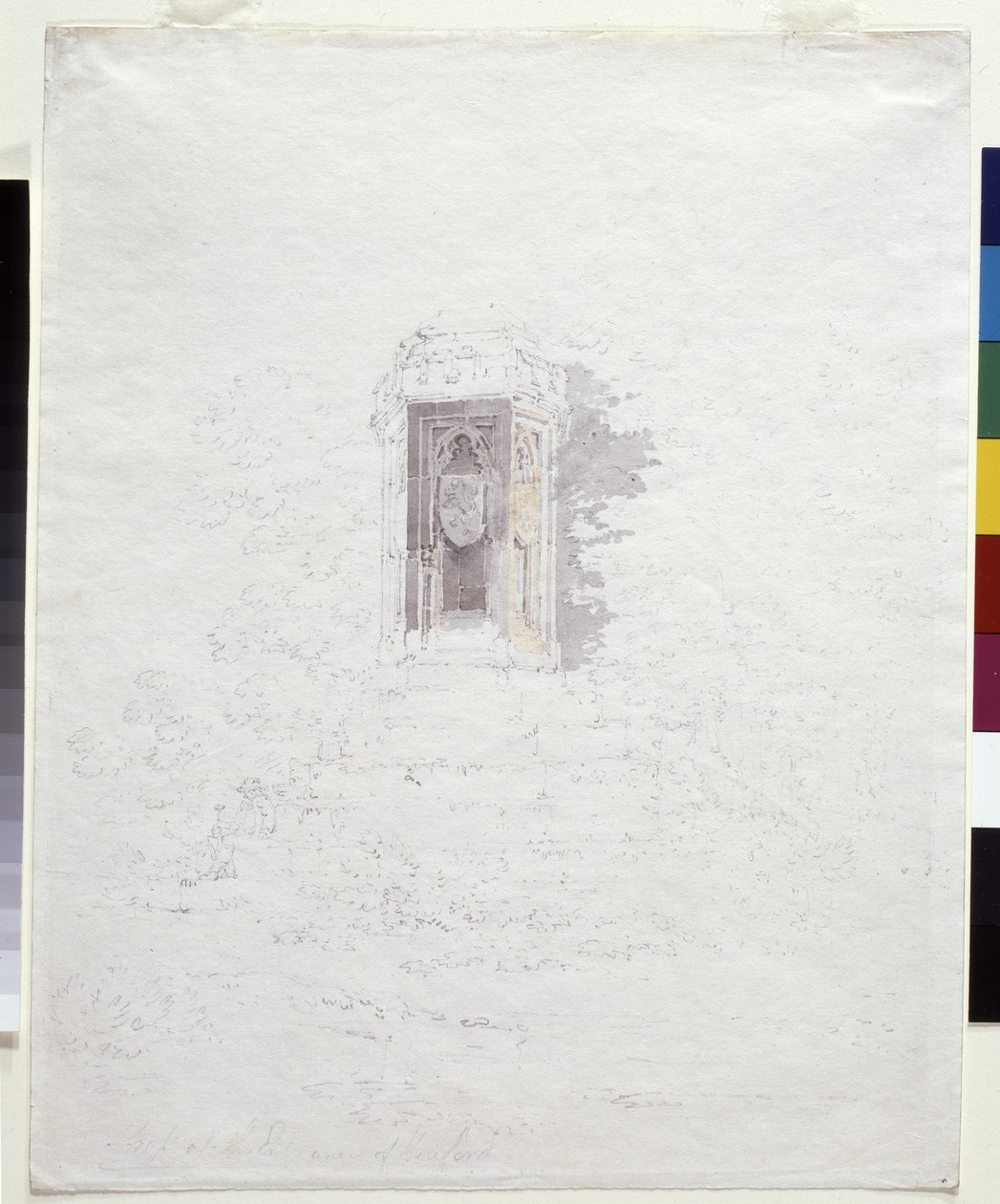 Cross At The Entrance To Hereford (penna med gula och gråa tvättar på vitt papper) av Joseph Mallord William Turner