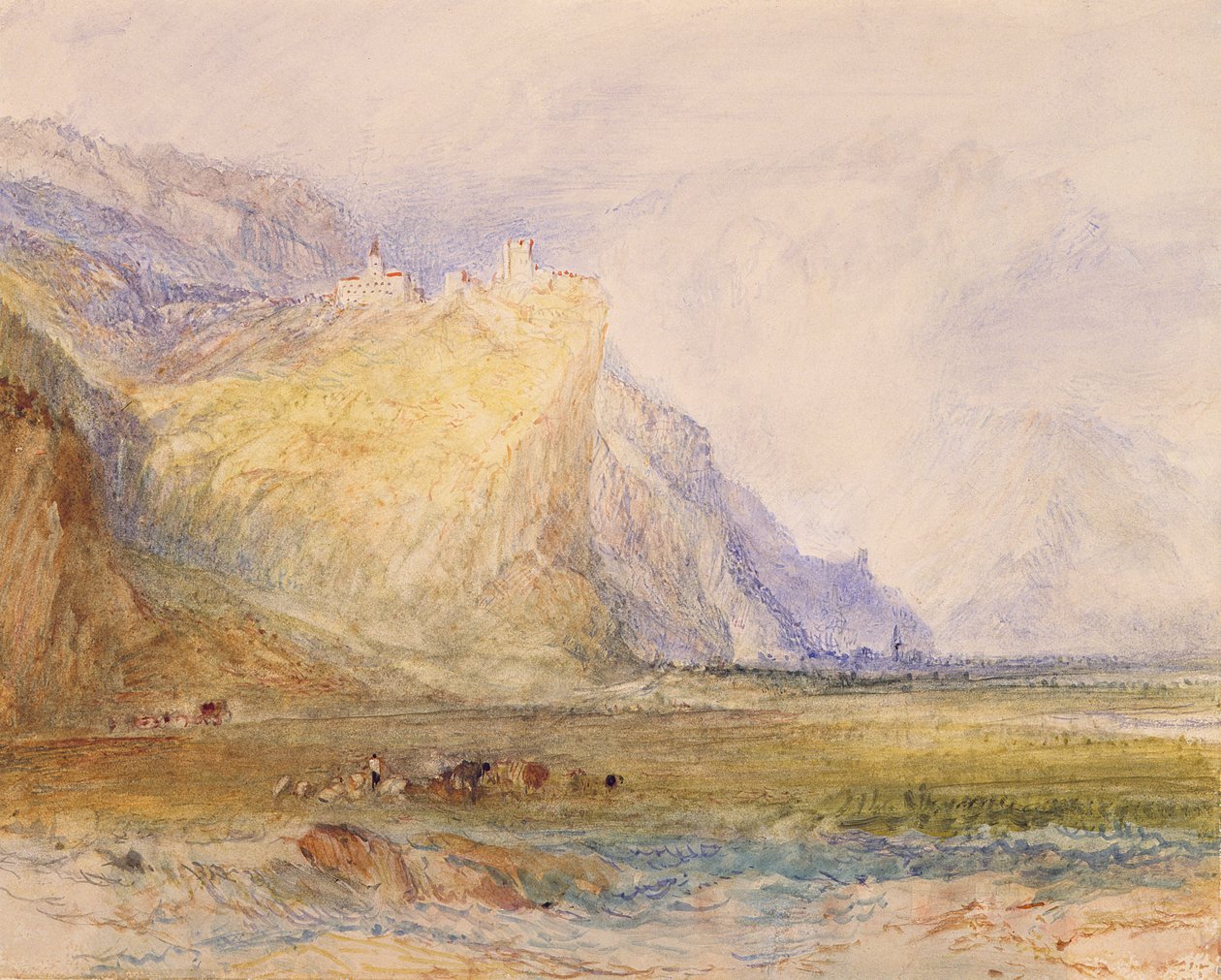 Domleschg-dalen, med utsikt mot sydost, mot Schloss Ortenstein, ca 1853 (akvarell på papper) av Joseph Mallord William Turner