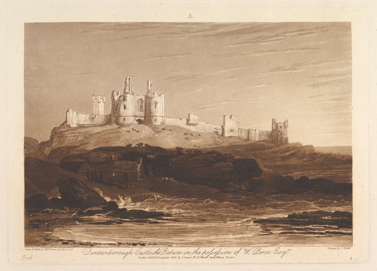 Dunstanborough Castle Liber Studiorum, del III, skylt 14, 10 juni 1808. av Joseph Mallord William Turner