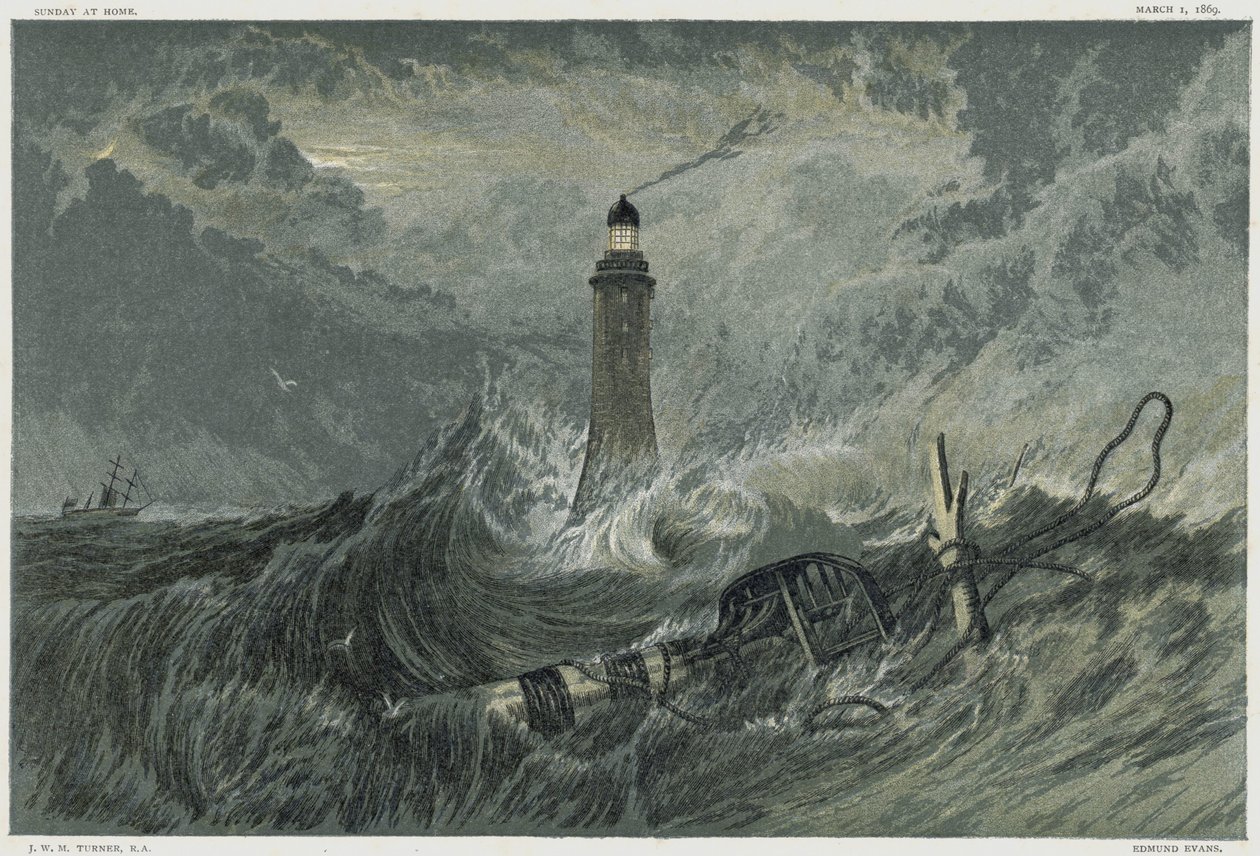 Eddystone-fyren, byggd på Eddystone Rock av den engelske civilingenjören John Smeaton 1757-1759. Kromolitografi efter målning av JMW Turner av Joseph Mallord William Turner