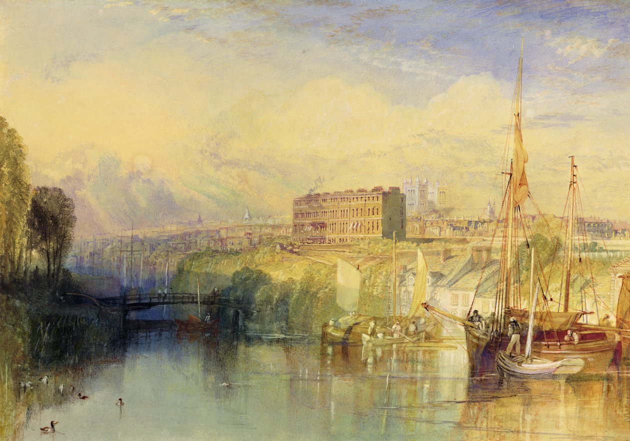 Exeter, ca 1827 (akvarell med skrapning och stoppning och gummi arabicum på papper) av Joseph Mallord William Turner