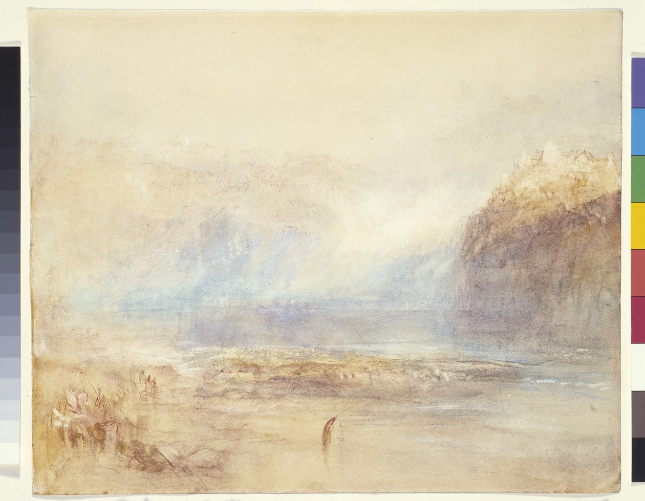 Falls Of The Rhine at Schaffhausen - Distant View (akvarell, penna och rött bläck över grå tvätt på vitt papper) av Joseph Mallord William Turner
