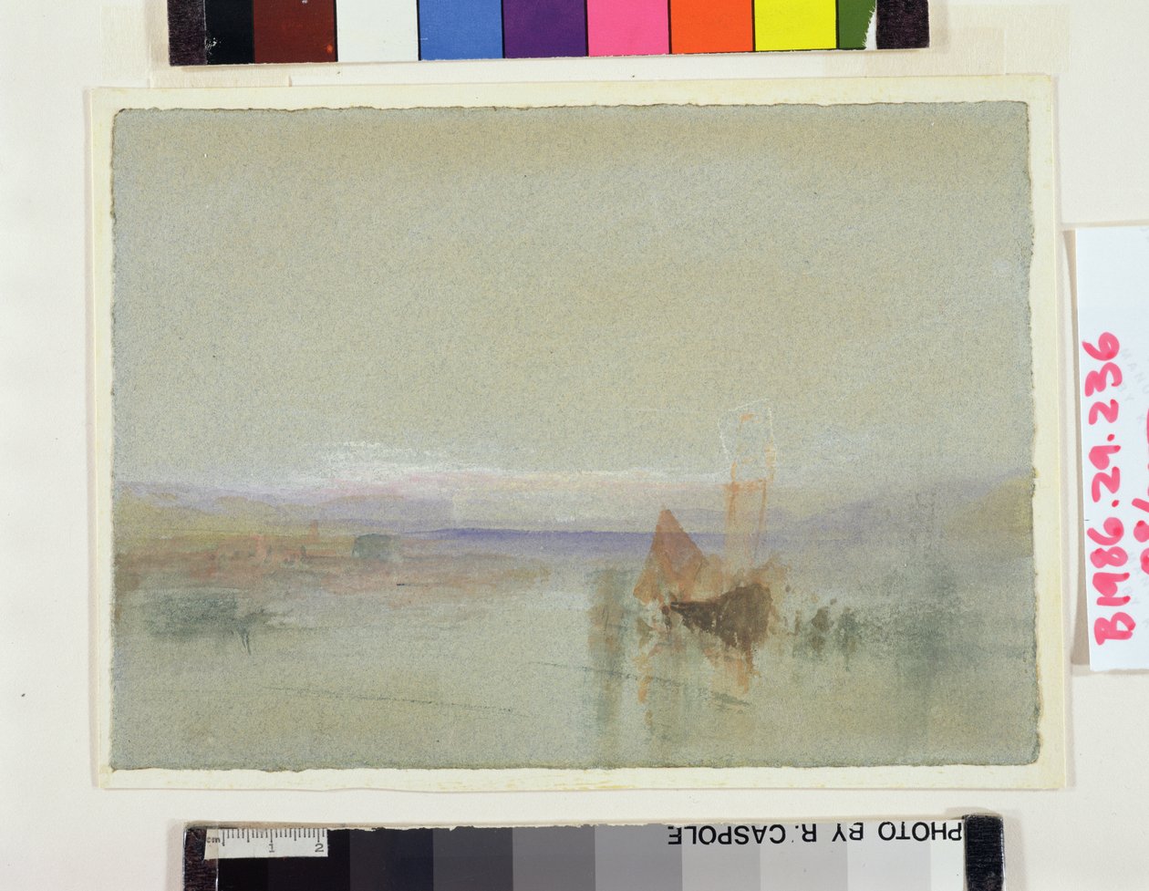 Fiskebåtar lugnade utanför Le Havre (wc och kroppsfärg på blått papper) av Joseph Mallord William Turner