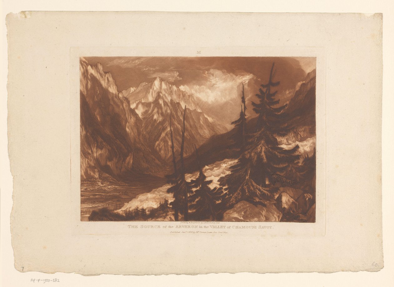 Utsikt över Chamonixdalen med floden Arveyron Källan till Arveron i Chamouni Savoy-dalen (titel på objektet) Landskapsstudier (serietitel) Liber Studiorum (serietitel) av Joseph Mallord William Turner