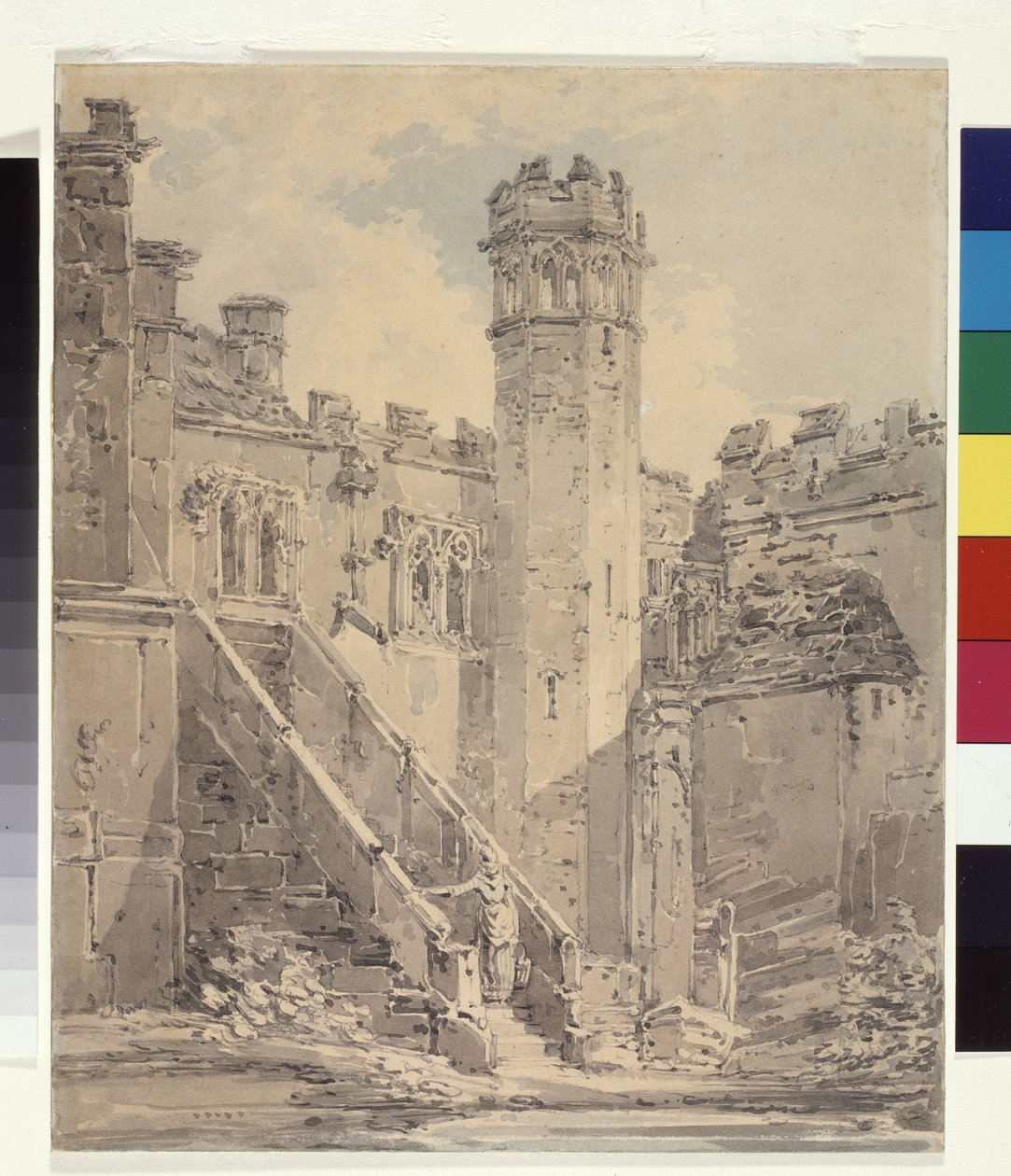 Haddon Hall nära Bakewell, Derbyshire (blått och grått bläck tvättas över penna på vitt papper) av Joseph Mallord William Turner